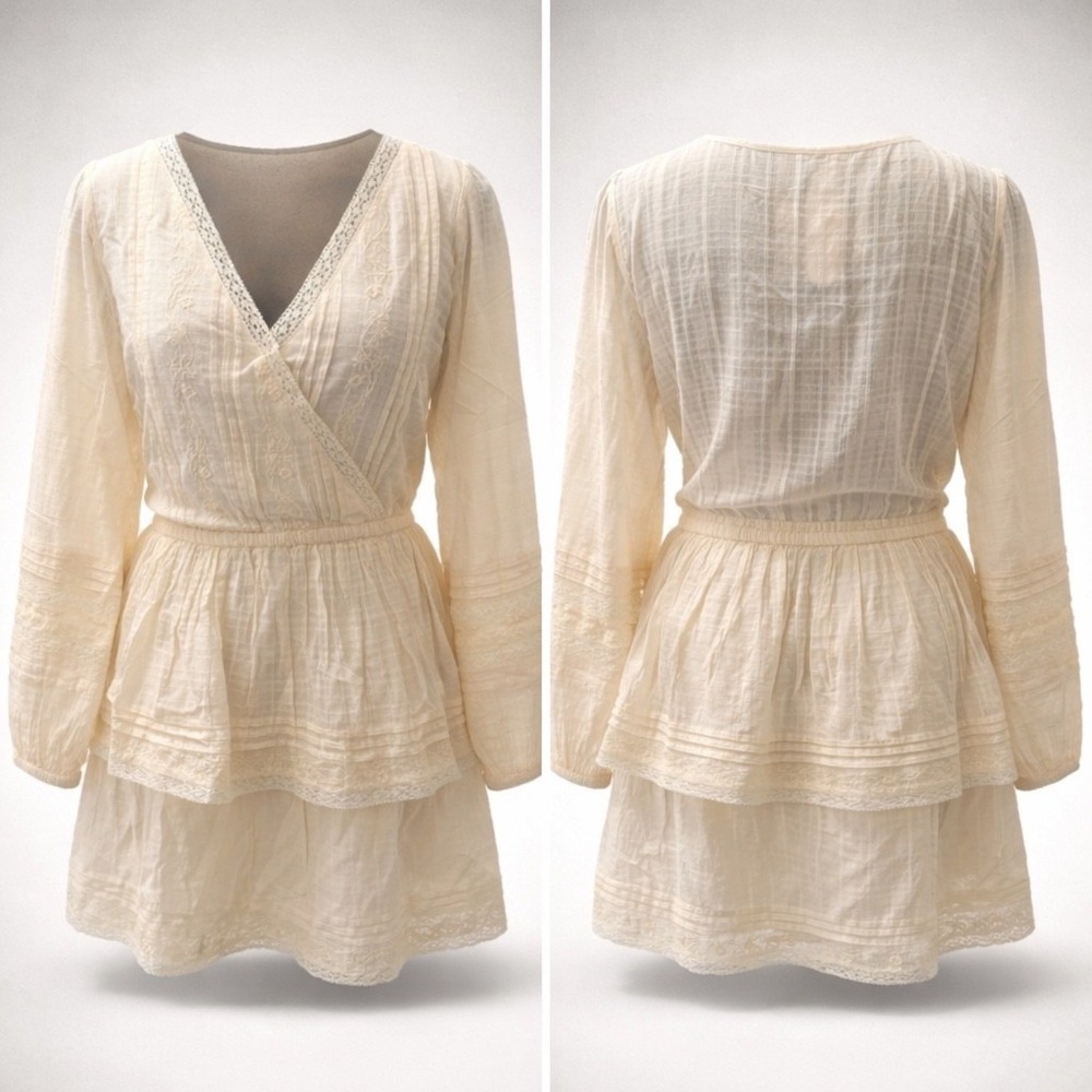 American Eagle Cream Lace Trim‎ Embroidered Tiered Mini Dress Large 36154029 NEW